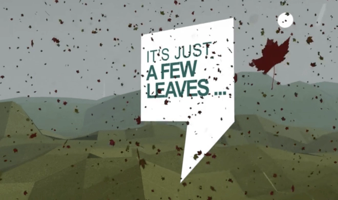 Thumbnail for a 3D animation about how the railway deals with leaves on the line in autumn, featuring a speech bubble with the text 'it's just a few leaves...' suspended in the sky, surrounded by floating autumn leaves.